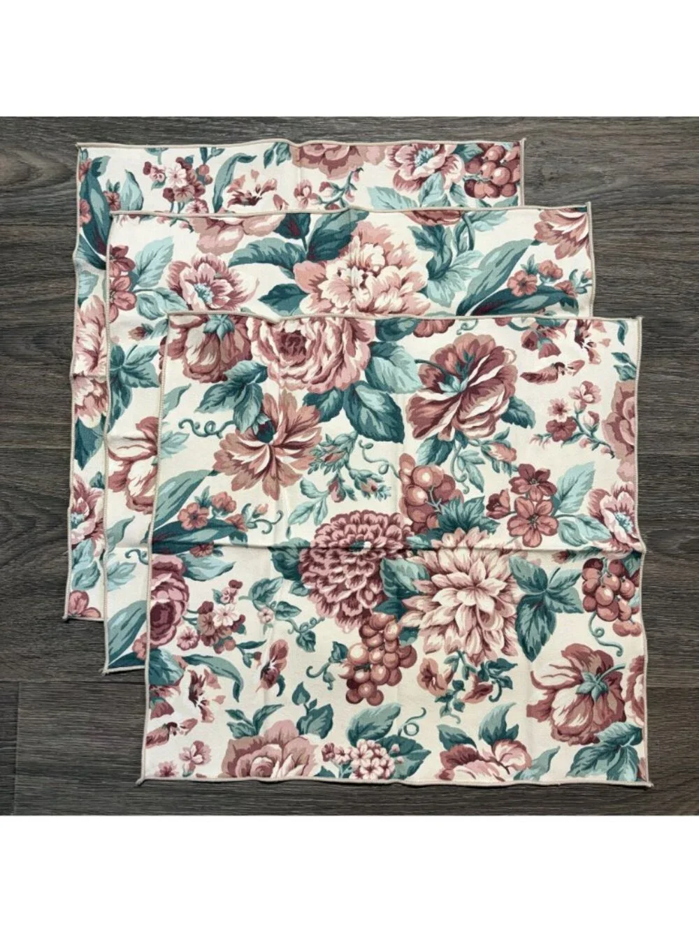Set 4 Floral Rose Print Cloth Napkins Pink Green Vintage 90s Pastel Cottagecore